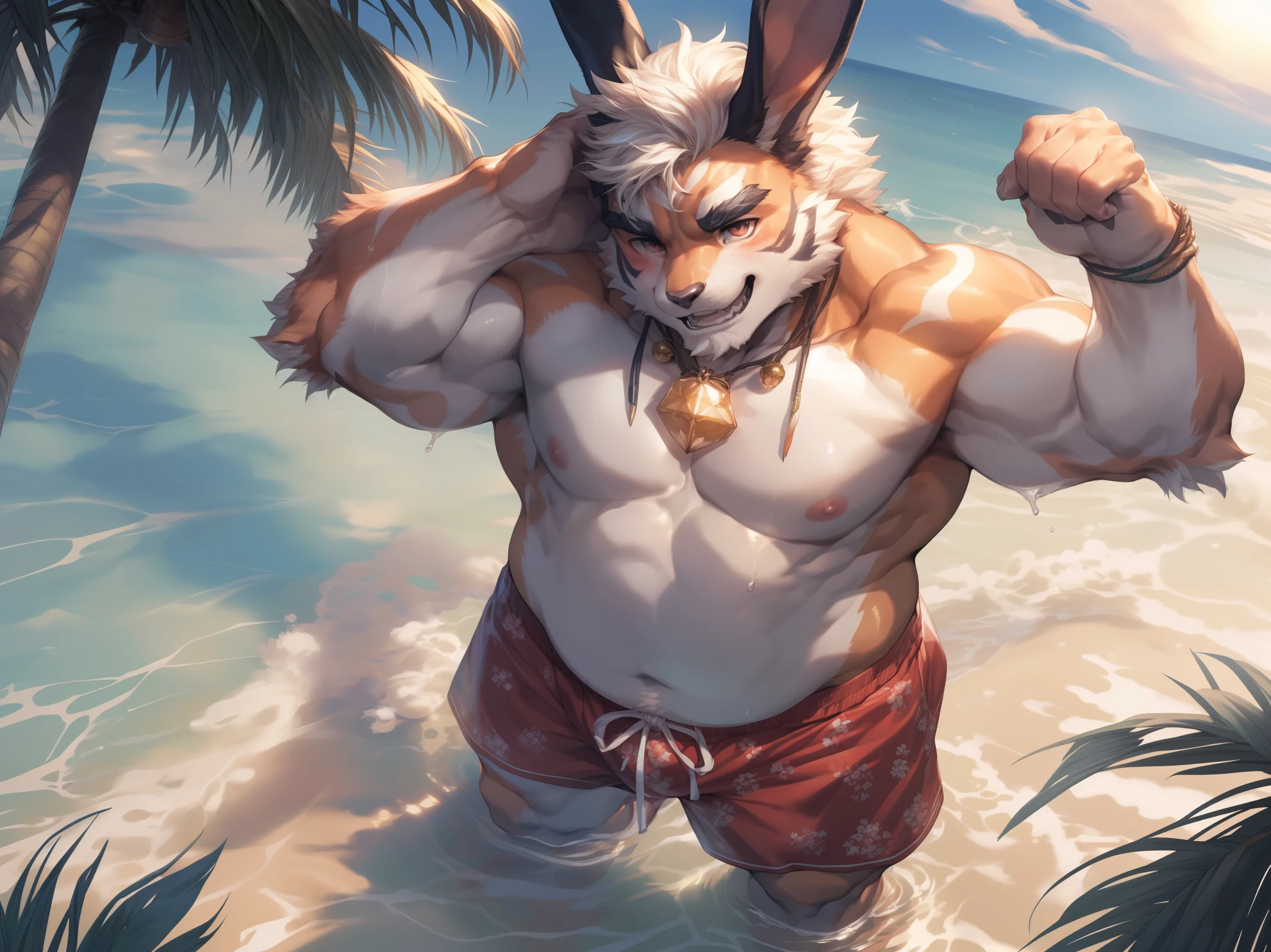 (By Empty Ghost, From thebigslick, By Dark Gem, Will chase), Keyuan Building (Onmyoji Daisenji Temple), High quality photos, Perfect anatomical structure, anthropomorphic rabbit, male, 30 years old, (bunny print), Thick eyebrows, short hair, White Teeth, Strong body, White pectoralis major, ,Chubby figure, White swimming trunks, Small bump, Pink milk clusters, Standing on the beach, Looking up, Relax with your hands behind your head, Charming smile, blush, Red pupil, Look up at the sky, Clear facial features, (Dynamic poses:1.5), Strong, solitary, (Top view:1.5), noon, sunny, Coconut Tree, Water waves, (By Empty Ghost, From bunny30, masterpiece, high quality, high resolution, 8k)