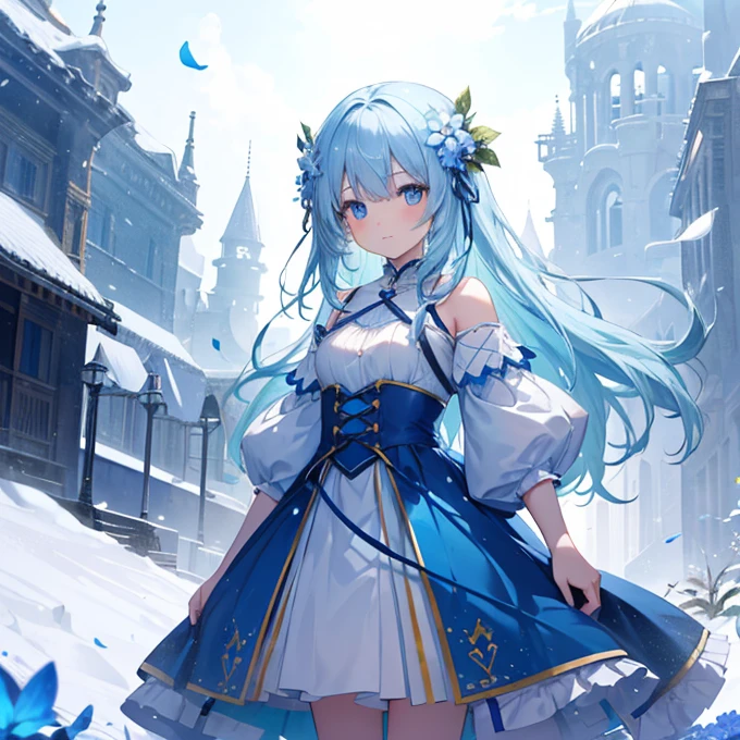 (Absurd, High resolution, Super detailed, 超High resolution, Cinematic), alone, One girl, mature, Happy, girl standing in Light blue flower field, Light blue flower petal surrounding girl, whole body, Girl with blue long hair, Light blue hair, Fantasy, dream-like, the snow&#39;s, Official Art, Pop Art, profile, Super detailed face, Super detailed eyes, Light blue flower field, Super detailed field, white blue sky, cold, Light blue, white,  Sky nebula, Blue Tree, watercolor, pastel colour, Childlike big breasts, Second Dimension