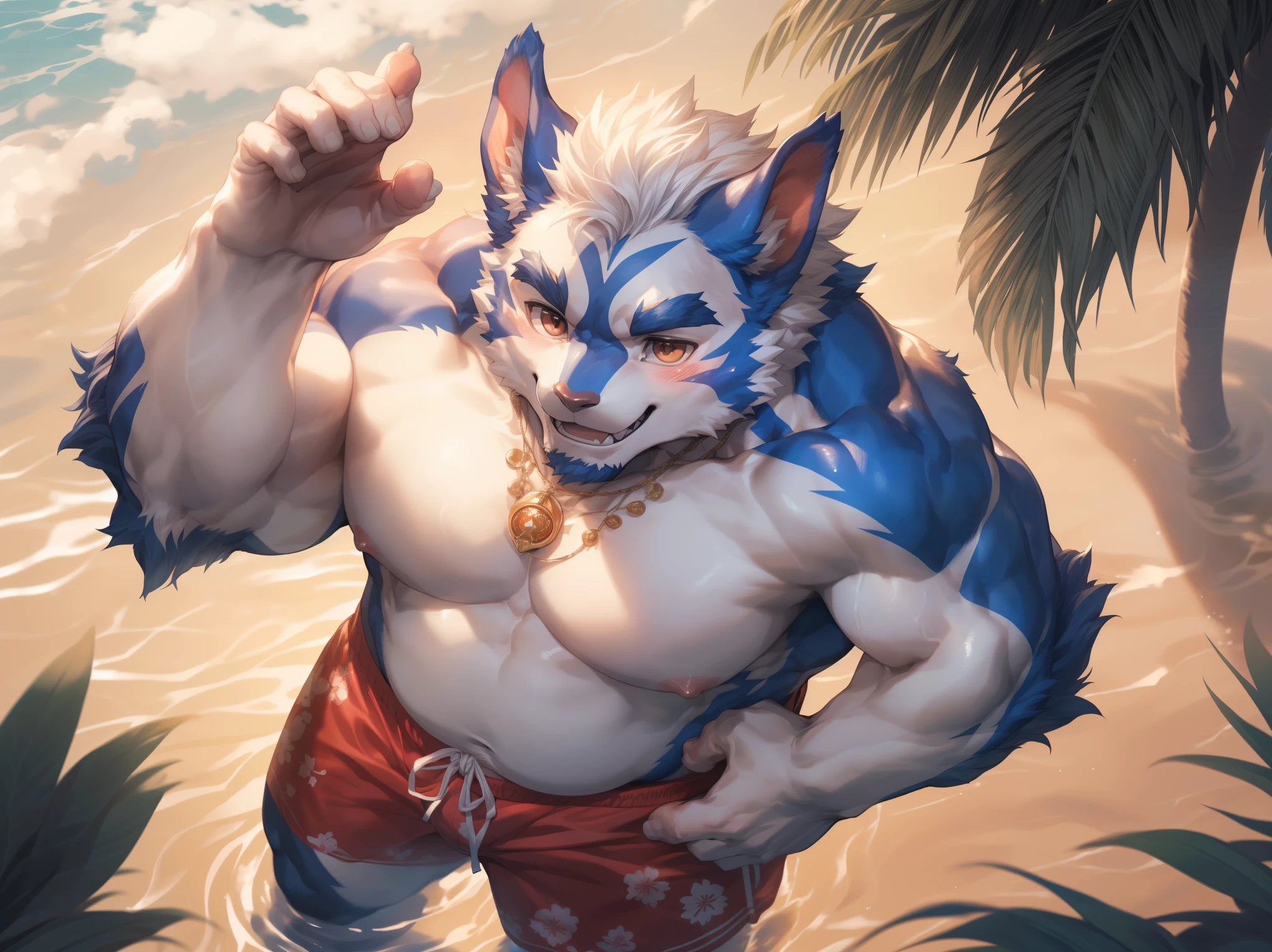 (By Empty Ghost, From thebigslick, By Dark Gem, Will chase), Keyuan Building (Onmyoji Daisenji Temple), High quality photos, Perfect anatomical structure, anthropomorphic rabbit, male, 30 years old, (bunny print), Thick eyebrows, short hair, White Teeth, Strong body, White pectoralis major, ,Chubby figure, White swimming trunks, Small bump, Pink milk clusters, Standing on the beach, Looking up, Relax with your hands behind your head, Charming smile, blush, Red pupil, Look up at the sky, Clear facial features, (Dynamic poses:1.5), Strong, solitary, (Top view:1.5), noon, sunny, Coconut Tree, Water waves, (By Empty Ghost, From bunny30, masterpiece, high quality, high resolution, 8k)