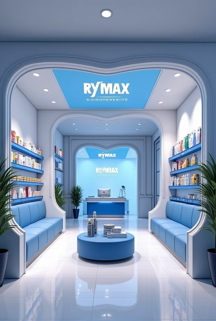 Créez une image réaliste en 3D d'une boutique nommée Rymax à Cotonou qui vend des accessoires électriques. La boutique doit avoir un design à la fois moderne et classique. Incluez des étagères murales pour exposer les produits. Les murs doivent être peints dans des couleurs claires, avec des accents bleus représentant la couleur principale de la marque. Le sol doit être en carreaux polis, et l'éclairage doit être lumineux et accueillant. Il doit y avoir un coin bureau séparé et subtilement cloisonné, meublé avec un bureau élégant et une chaise confortable. Au centre de la boutique, placez des fauteuils confortables pour les clients. La disposition générale doit être organisée, spacieuse et facile à naviguer, avec des produits soigneusement disposés sur les étagères.