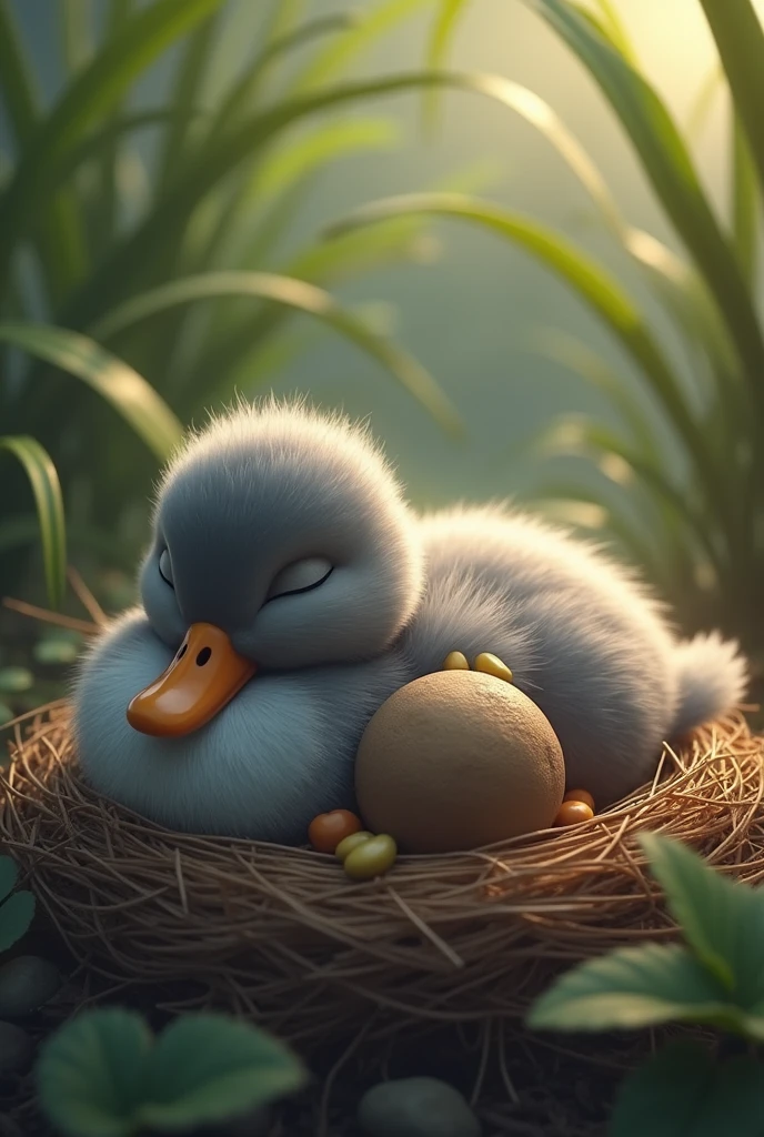 It's. Is agray duck holding a brown rock while sleeping on the nest