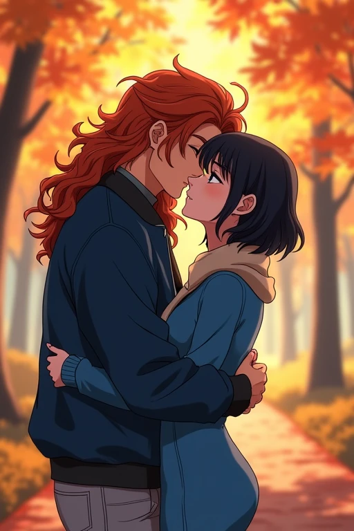I would like to get an image of an anime-style couple consisting of an adult man with long curly red hair below the shoulders, dressed in a blue warm bomber jacket, light jeans, kissing a young incredibly beautiful woman with short black hair, in a blue wool dress tight dress and a black leather jacket that hugs his neck. Autumn Park. In full growth. beautiful drawing. a masterpiece.