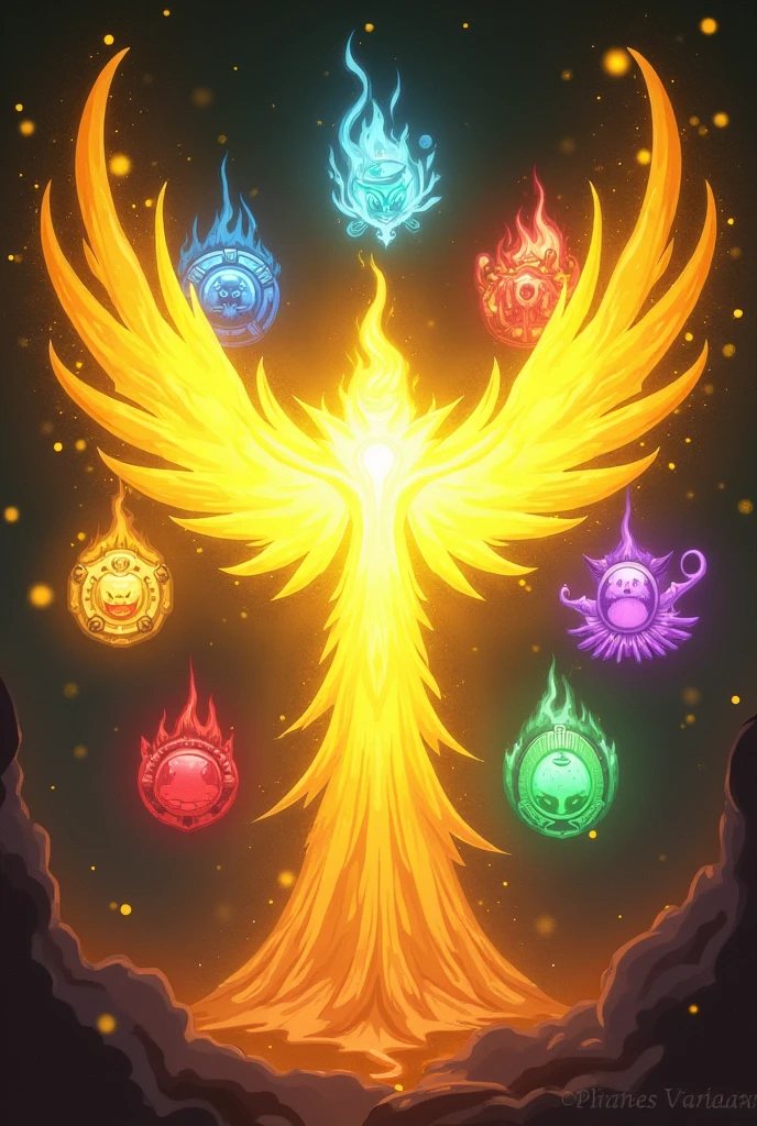 White ghaster blaster (no body, from undertale), yellow wings, gold aura, surrounded by the seven souls: determination, integrity, perseverance, patience, kindness, justice and bravery (from undertale), featuring vibrant contrast, intricate details, fantastical elements intertwined, (pirate crew logo) designed for "The Heavenly Souls,".