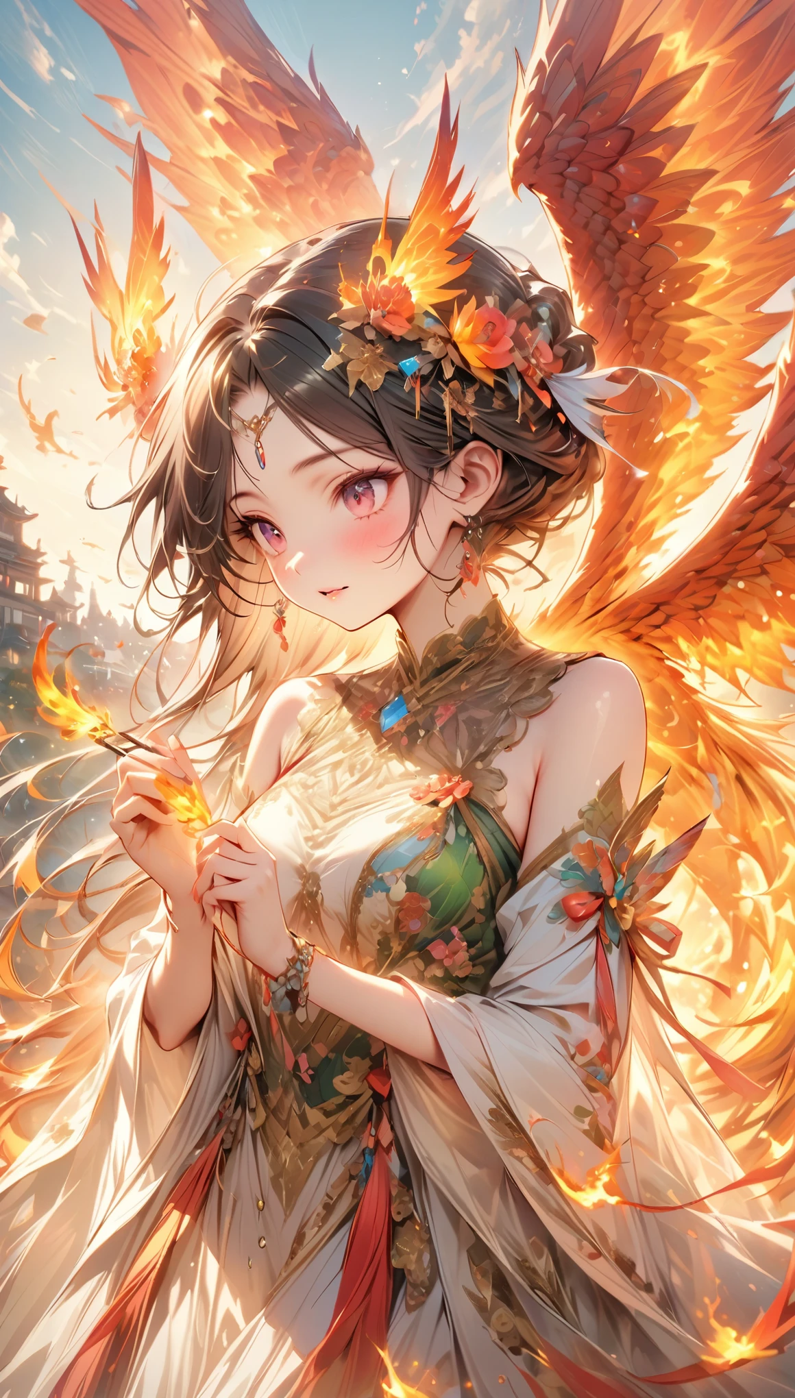Light, ((absurd and unreasonable)), 超high resolution, Attention to detail, high quality, high resolution, Top quality, 4K, 8K, artwork, marvelous,interested in、embroidery、age-old tapestries、Phoenix、Spread your wings,Flying in the air、The long tail feathers are unique、The heat of the flames filled the air、Firebird