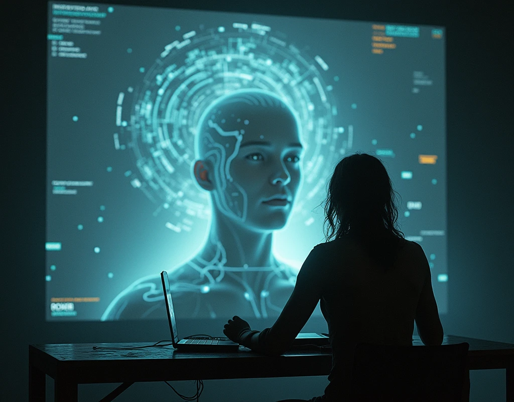 Aranuch connecting to the BioNet system, attempting to access Anavil's stored consciousness. The scene is intense and emotional, with Aranuch sitting in front of a large screen displaying distorted images of Anavil. The environment is dark, with a glowing interface and swirling data streams creating an eerie, unsettling atmosphere."