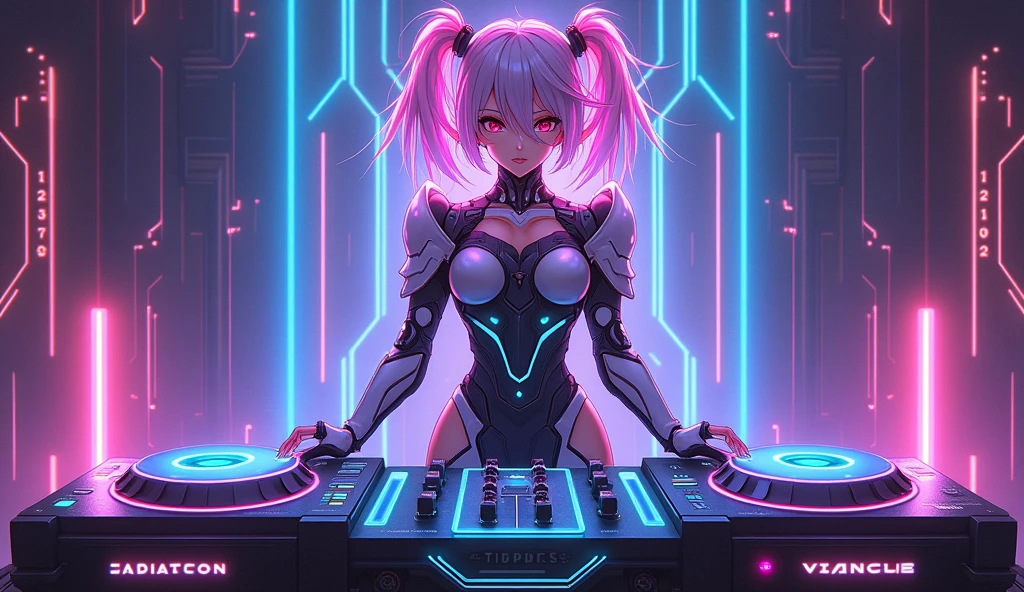 Design a female anime character with a mecha-inspired look infused with EDM elements. She should be equipped with futuristic mecha armor that incorporates neon accents and LED lights, giving her a high-tech and vibrant appearance. Her armor should have sleek, angular lines and glowing circuit patterns that pulse to the beat of electronic music. She stands confidently behind a cutting-edge DJ table, which is adorned with holographic displays, glowing buttons, and soundwave motifs. Her hair is styled in an electrifying way, with neon highlights and possibly even LED strands that sync with the music. Capture the synergy between advanced technology and pulsating EDM energy in her design.