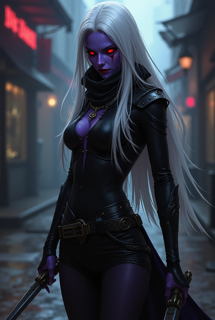 elfa drow, purple skin, Eyes red, white hair, assassin outfit with two daggers, scar on eye, mask covering the face