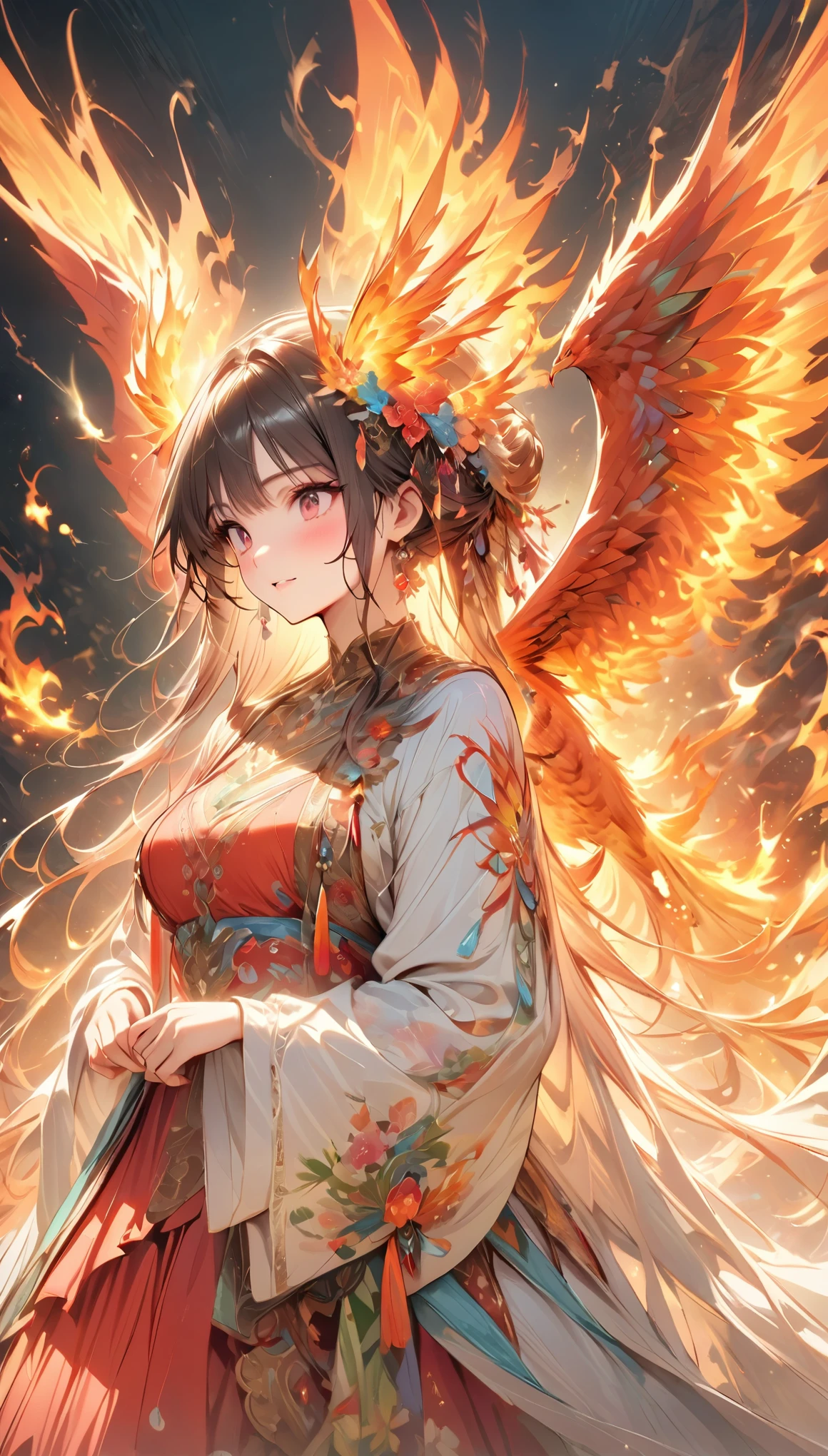 Light, ((absurd and unreasonable)), 超high resolution, Attention to detail, high quality, high resolution, Top quality, 4K, 8K, artwork, marvelous,interested in、embroidery、age-old tapestries、Phoenix、Spread your wings,Flying in the air、The long tail feathers are unique、The heat of the flames filled the air、Firebird