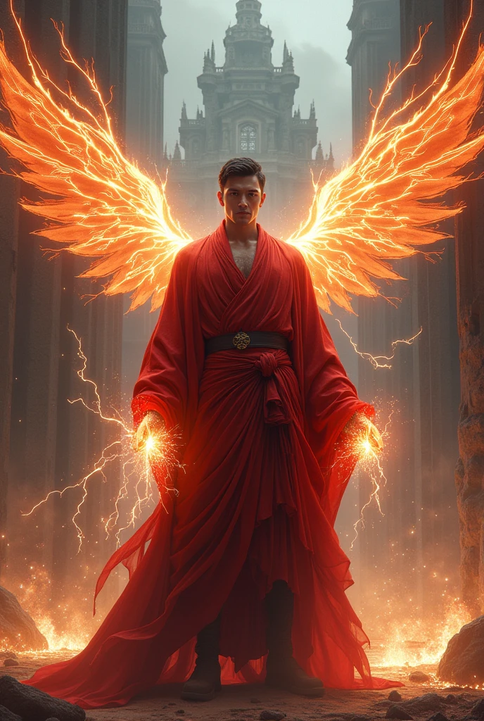 man,Red robe,short hair,wing,electricity,Phoenix,castle,ลูกelectricity,Realistic,straight face,ประกายelectricity,The dress is torn.,light