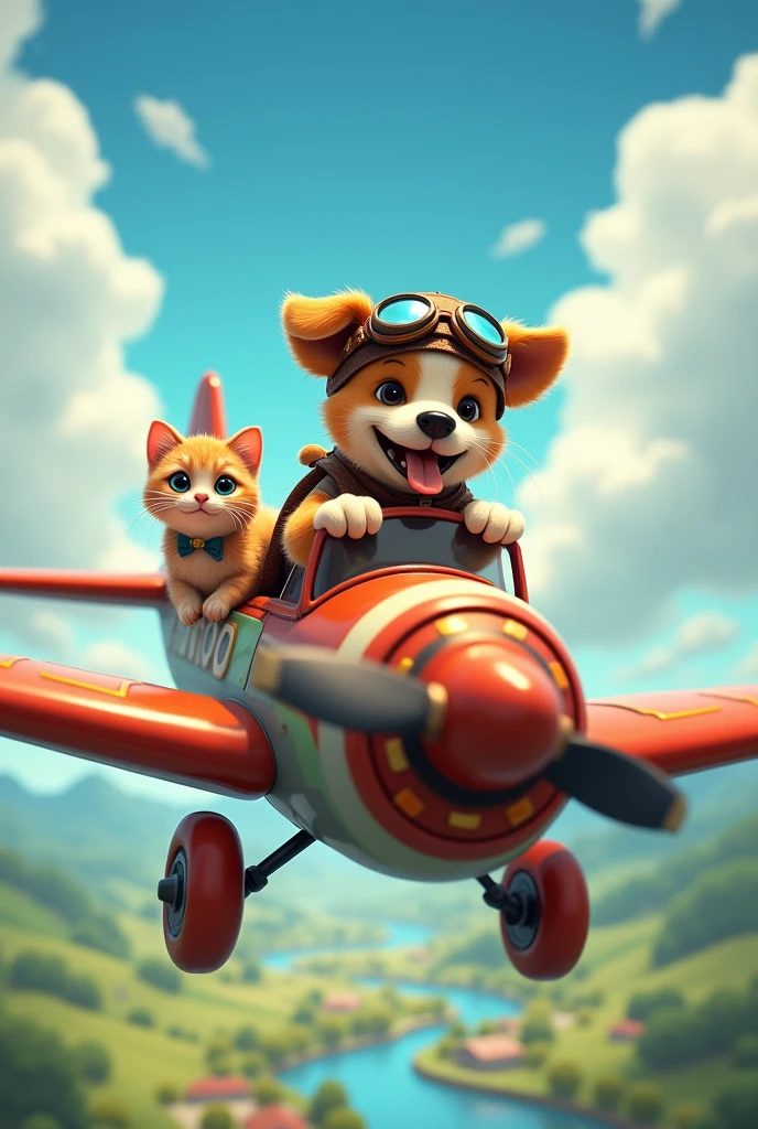 Dog in aroplane driving in with cat