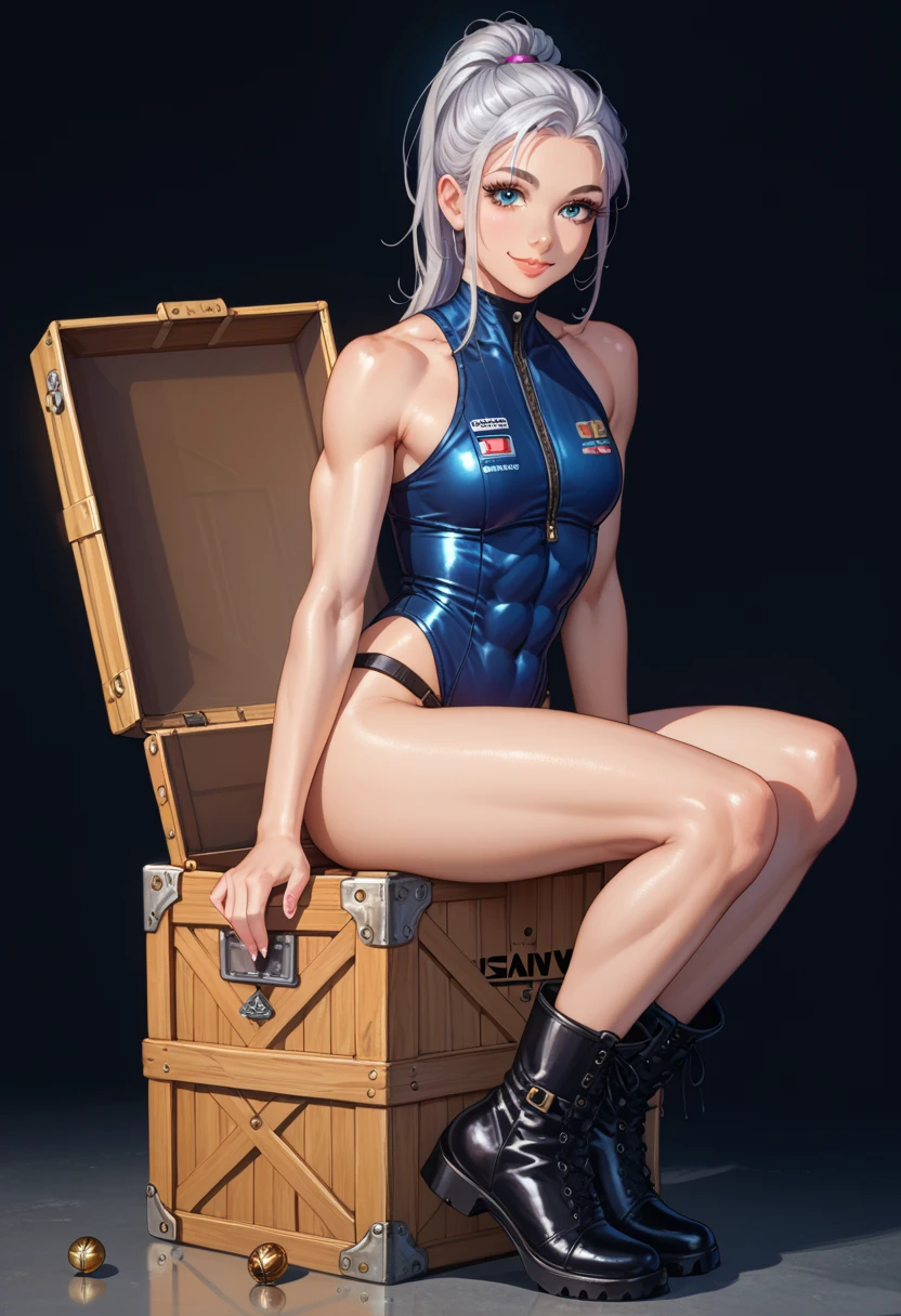 a young girl,blue eyes, beautiful detailed lips, extremely detailed face, long eyelashes, girl in black spacesuits with gold accents, ,sitting on a ammo crate , pin up pose, detailed muscular body, ponytail hairstyle, full body, beautiful detailed lips, light smile on face, full length photo, full-body shot , she has black space boots. body focus, Beautiful body, Beautiful character design , full body view, adult, full clothes, Beautiful Face, light smile, abs, empty background,(looking at viewer),nsfw, full body view, black boots, black shortie, silver hair with pink accents,NSFW