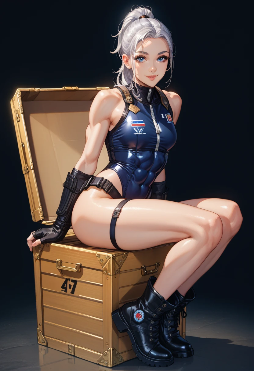 a young girl,blue eyes, beautiful detailed lips, extremely detailed face, long eyelashes, girl in black spacesuits with gold accents, ,sitting on a ammo crate , pin up pose, detailed muscular body, ponytail hairstyle, full body, beautiful detailed lips, light smile on face, full length photo, full-body shot , she has black space boots. body focus, Beautiful body, Beautiful character design , full body view, adult, full clothes, Beautiful Face, light smile, abs, empty background,(looking at viewer),nsfw, full body view, black boots, black shortie, silver hair with pink accents,NSFW