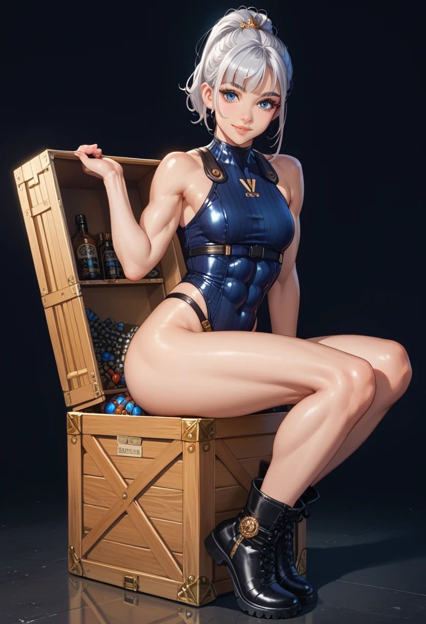 a young girl,blue eyes, beautiful detailed lips, extremely detailed face, long eyelashes, girl in black spacesuits with gold accents, ,sitting on a ammo crate , pin up pose, detailed muscular body, ponytail hairstyle, full body, beautiful detailed lips, light smile on face, full length photo, full-body shot , she has black space boots. body focus, Beautiful body, Beautiful character design , full body view, adult, full clothes, Beautiful Face, light smile, abs, empty background,(looking at viewer),nsfw, full body view, black boots, black shortie, silver hair with pink accents,NSFW