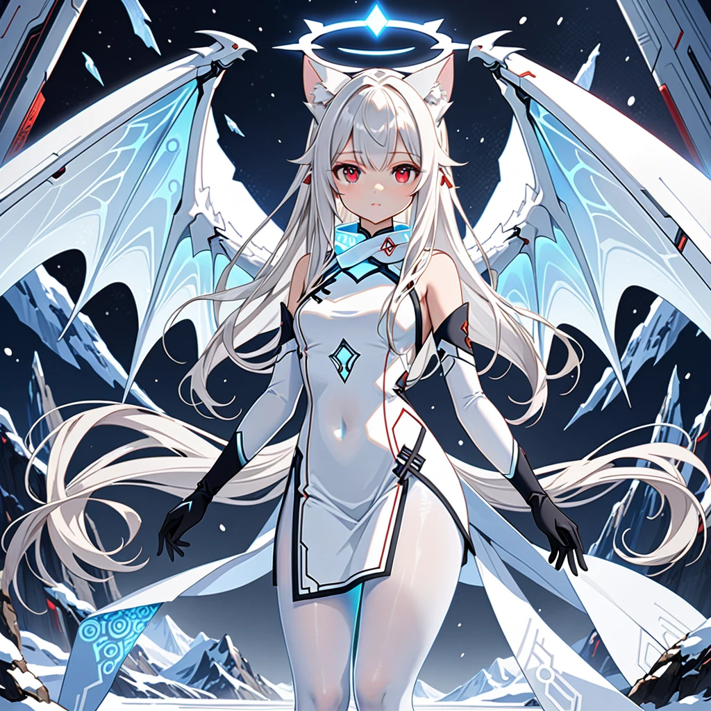 masterpiece, highest quality, highest resolution, clear_image, detailed details, white hair, long hair, 1 girl, cat ears, red eyes, futuristic halo, white sci-fi china dress, detached sleeves with black gloves, white scarf (around the neck withn a light blue glow), 12 white futuristic dragon wings, white pantyhose, full body, no water marks, snowy mountain