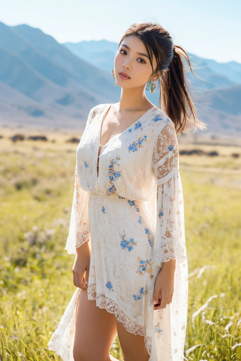 Close-up portrait of a refined woman standing in a rugged cowboy stance, amidst a sun-kissed open range landscape. She wears a knee-length floral dress with long sleeves, adding an air of sophistication. Her silvery hair is styled in a sleek ponytail, framing her striking profile and full lips. A pair of dangling earrings glimmer in the golden light, casting a warm glow on her porcelain skin. The camera captures her confident pose from a slight angle, emphasizing her strong features and contrasting textures.