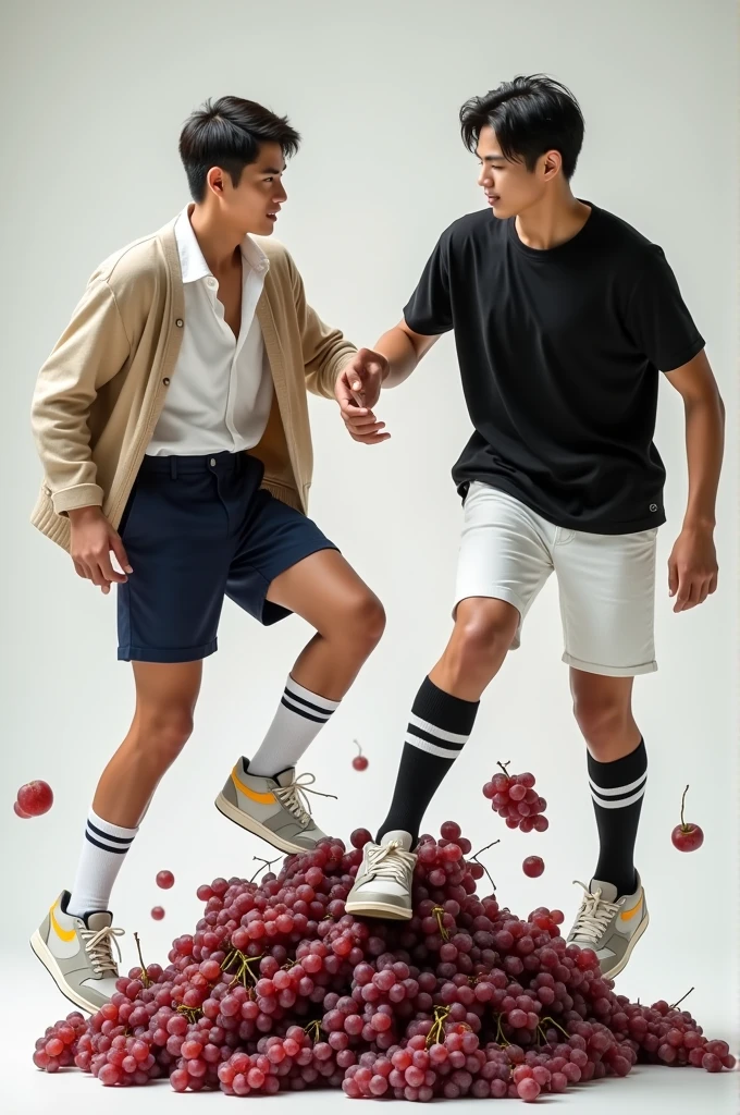 2 handsome asian male teenagers with tall and slim bodies. 1st wears a white shirt, beige cardigan, navy blue shorts, long white socks with 2 black stripes and air jordans. 2nd wears a black t shirt, white shorts, long black socks with 2 white stripes on it, and air jordans. They are stomping and trampling on a bunch of grapes, crushing and destroying the grapes