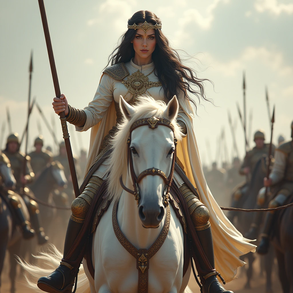 1girl, High Resolution, Long Hair, Black Hair, Hair Ornament, Best Quality, Masterpiece, Queen riding white horse, fighting in war