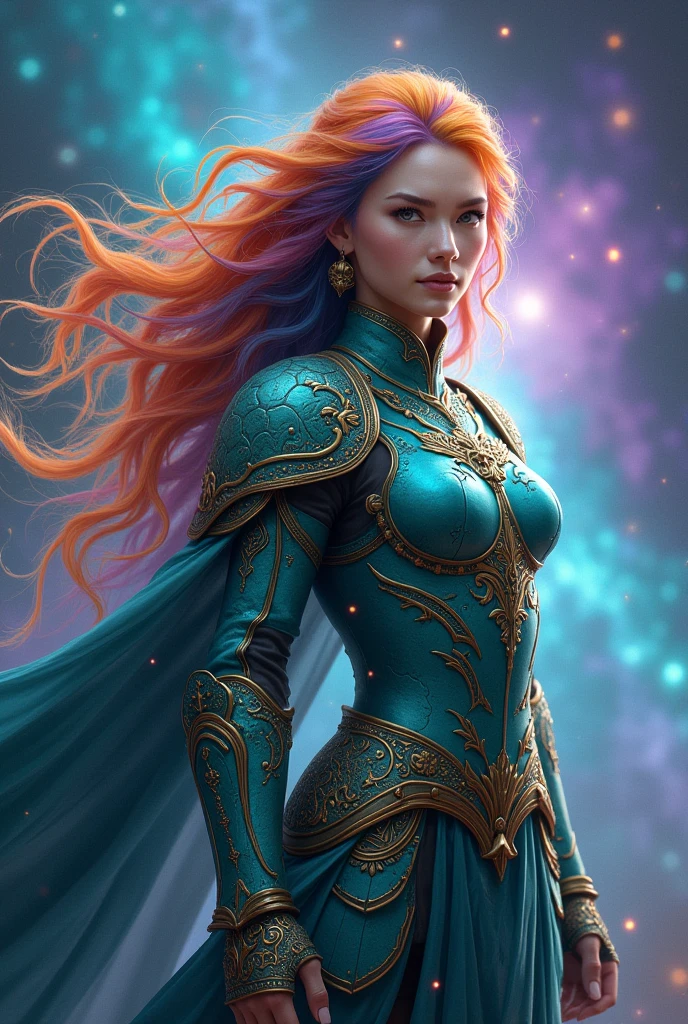 A woman with rainbow hair and elaborate teal armor, permanent, Rainbow colored cosmic nebula background, Star, galaxy, Intricate details, Perfect face