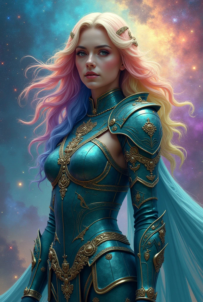 A woman with rainbow hair and elaborate teal armor, permanent, Rainbow colored cosmic nebula background, Star, galaxy, Intricate details, Perfect face