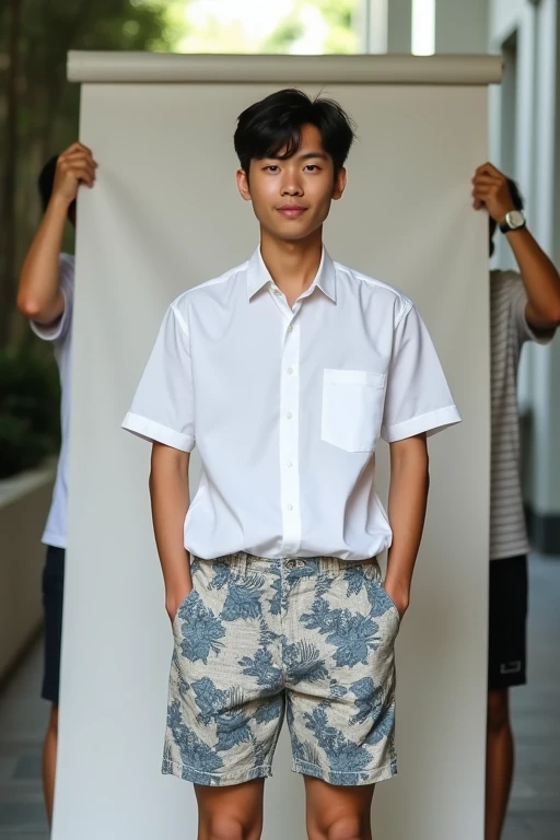 Ảnh hồ sơ của nam sinh viên Việt Nam đang nhìn thẳng vào màn hình. Above is a neat white shirt, below is a sloppy floral shorts.. The pants look old.. Behind him are two friends holding a makeshift backdrop to help him take a photo.. Photo taken from the guy's knee up.