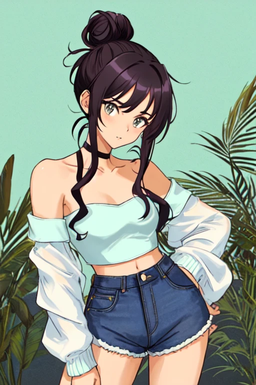 Hot girl with her hair tied up in a messy bun, two strands of hair down the front, curvy, slim, medium breasts, bold, off shoulder crop top, strapless, small shorts, anime style