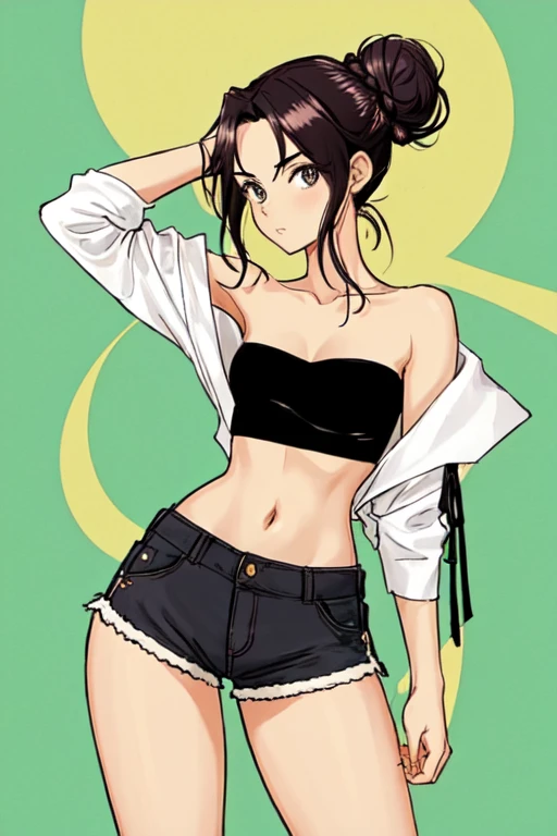 Hot girl with her hair tied up in a messy bun, two strands of hair down the front, curvy, slim, medium breasts, bold, off shoulder crop top, strapless, small shorts, anime style