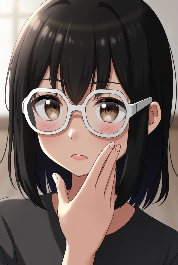 Long face.. Slumped nose.. Almond eyes.. Black medium sized hair... Chubby cheeks(not too chubby)... Wears hexagon glasses white colour... Heavy lower lips