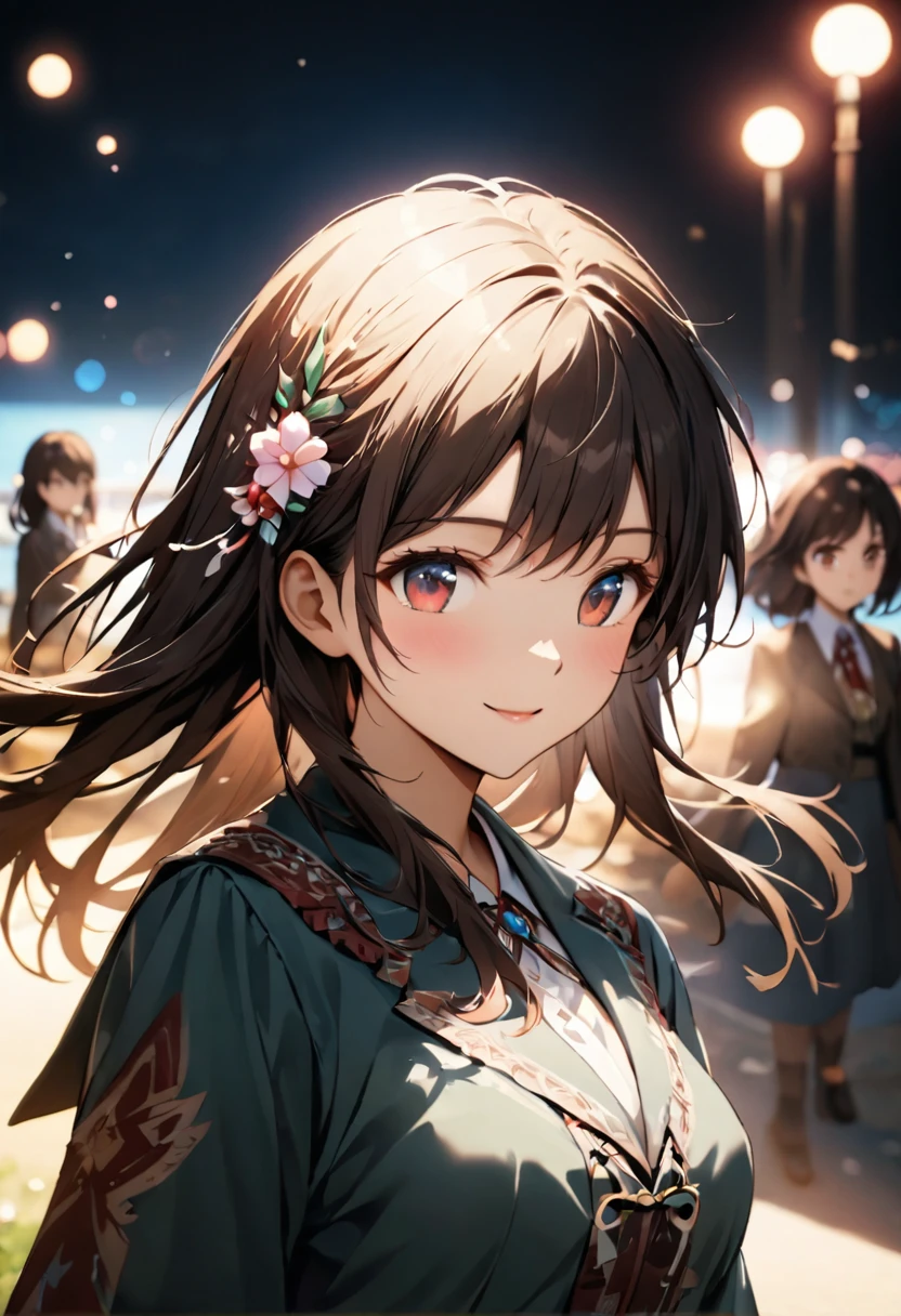 {{Highest quality}},Delicate illustration,Detailed depiction, masterpiece, Boho Eye Hinai Girl, Playful Themes, Group of 2、Two girls、High school girls、Raw photo of a girl in uniform。Decorative details and symbols are often used。, Brown hair gently fluttering in the wind,Clear blue eyes、A gentle smile、Raw photo of a girl in uniform。Decorative details and symbols are often used。, Black hair gently fluttering in the wind,Clear red eyes、A gentle smile、 Long-distance shots, High Key Light, Hard Shadows, Soft bokeh, Professional photography, A balanced deal, Balanced Exposure,