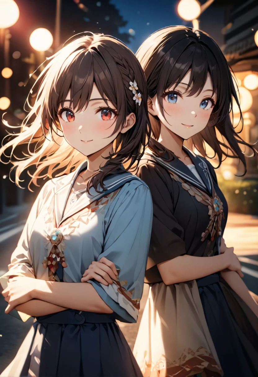 {{Highest quality}},Delicate illustration,Detailed depiction, masterpiece, Boho Eye Hinai Girl, Playful Themes, Group of 2、Two girls、High school girls、Raw photo of a girl in uniform。Decorative details and symbols are often used。, Brown hair gently fluttering in the wind,Clear blue eyes、A gentle smile、Raw photo of a girl in uniform。Decorative details and symbols are often used。, Black hair gently fluttering in the wind,Clear red eyes、A gentle smile、 Long-distance shots, High Key Light, Hard Shadows, Soft bokeh, Professional photography, A balanced deal, Balanced Exposure,