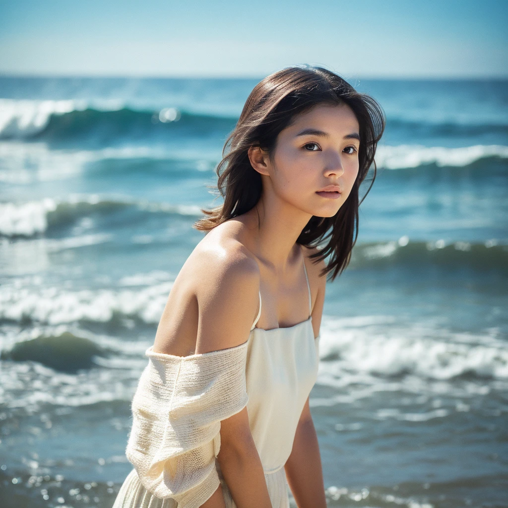 A hyper-realistic image of a single Japanese woman in her early 20s, captured with the nostalgic warmth and subtle graininess of a film camera, with the focus on her upper body from the shoulders up against a serene seaside backdrop. Her skin has a warm beige tone with a natural, slightly rough texture that includes visible pores, fine lines, and subtle imperfections such as small blemishes, adding to the authenticity of her appearance. The soft, diffused natural light reflects off the ocean waves, casting gentle, warm shadows across her face and shoulders, enhancing the film-like quality and creating a timeless, organic feel. Her straight, glossy black hair is slightly tousled by the ocean breeze, naturally framing her face, and her deep brown eyes reflect the soft light of the seaside, adding depth and emotion. The background subtly captures the peaceful ocean scenery with a glimpse of rolling waves and a faint horizon, blurred to maintain focus on her expression. The film camera effect introduces a slight grain and a softer focus, giving the image a warm, nostalgic atmosphere while maintaining the realistic texture of her skin. She is wearing a light, airy top that complements her natural beauty and the beach setting, with the overall composition designed to evoke a sense of genuine, understated elegance and connection with nature.