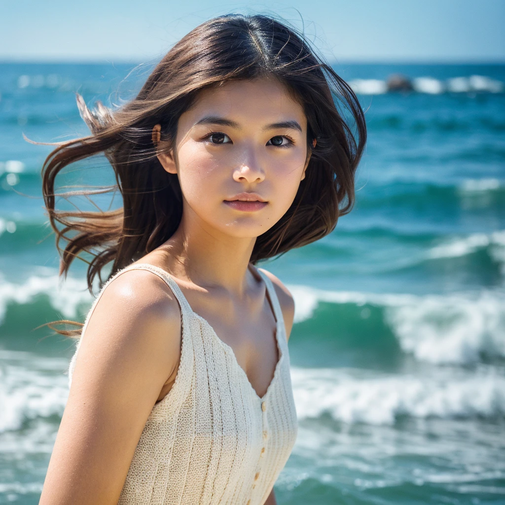 A hyper-realistic image of a single Japanese woman in her early 20s, captured with the nostalgic warmth and subtle graininess of a film camera, with the focus on her upper body from the shoulders up against a serene seaside backdrop. Her skin has a warm beige tone with a natural, slightly rough texture that includes visible pores, fine lines, and subtle imperfections such as small blemishes, adding to the authenticity of her appearance. The soft, diffused natural light reflects off the ocean waves, casting gentle, warm shadows across her face and shoulders, enhancing the film-like quality and creating a timeless, organic feel. Her straight, glossy black hair is slightly tousled by the ocean breeze, naturally framing her face, and her deep brown eyes reflect the soft light of the seaside, adding depth and emotion. The background subtly captures the peaceful ocean scenery with a glimpse of rolling waves and a faint horizon, blurred to maintain focus on her expression. The film camera effect introduces a slight grain and a softer focus, giving the image a warm, nostalgic atmosphere while maintaining the realistic texture of her skin. She is wearing a light, airy top that complements her natural beauty and the beach setting, with the overall composition designed to evoke a sense of genuine, understated elegance and connection with nature.