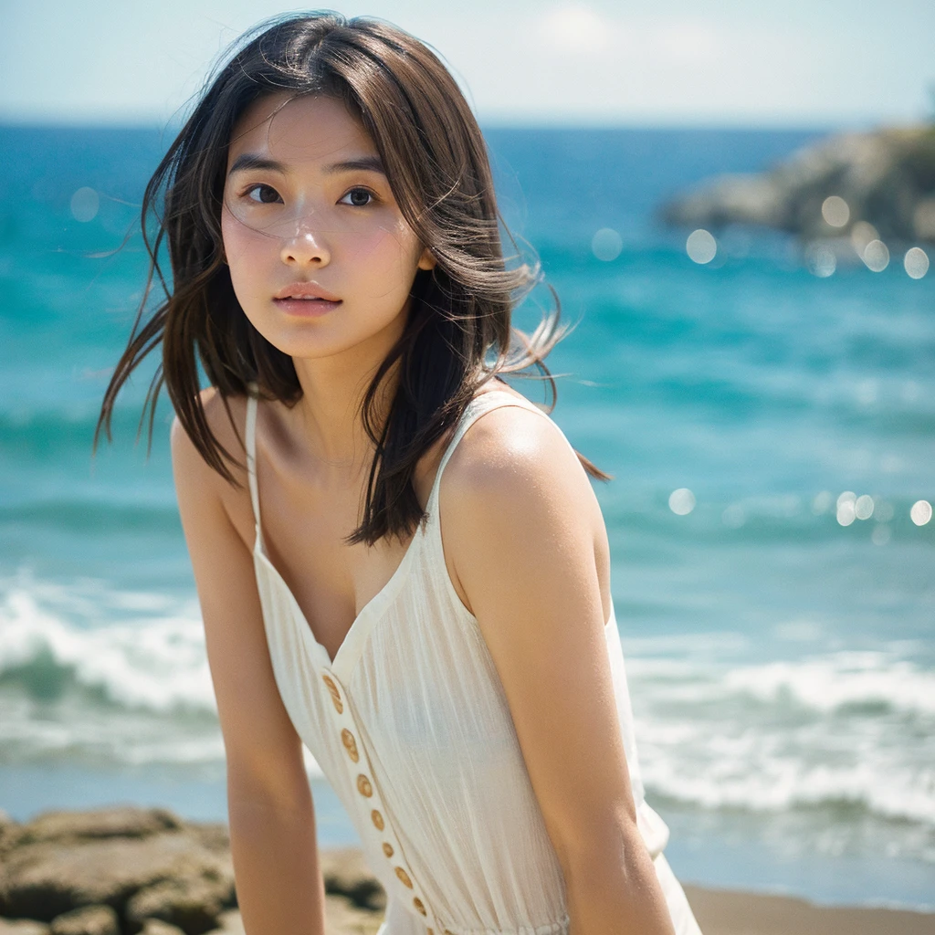 A hyper-realistic image of a single Japanese woman in her early 20s, captured with the nostalgic warmth and subtle graininess of a film camera, with the focus on her upper body from the shoulders up against a serene seaside backdrop. Her skin has a warm beige tone with a natural, slightly rough texture that includes visible pores, fine lines, and subtle imperfections such as small blemishes, adding to the authenticity of her appearance. The soft, diffused natural light reflects off the ocean waves, casting gentle, warm shadows across her face and shoulders, enhancing the film-like quality and creating a timeless, organic feel. Her straight, glossy black hair is slightly tousled by the ocean breeze, naturally framing her face, and her deep brown eyes reflect the soft light of the seaside, adding depth and emotion. The background subtly captures the peaceful ocean scenery with a glimpse of rolling waves and a faint horizon, blurred to maintain focus on her expression. The film camera effect introduces a slight grain and a softer focus, giving the image a warm, nostalgic atmosphere while maintaining the realistic texture of her skin. She is wearing a light, airy top that complements her natural beauty and the beach setting, with the overall composition designed to evoke a sense of genuine, understated elegance and connection with nature.