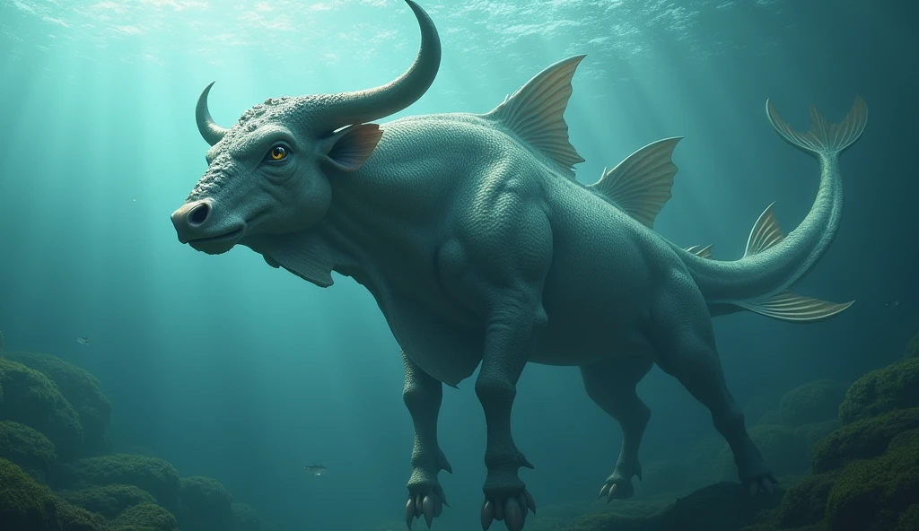 There is a fish underwater，It has a bull&#39;s head and a snake&#39;s tail.，No limbs, wings on the back（best quality，4K，8k，High level，masterpiece：1.2），Ultra Detailed，（lifelike，Photo real，Photo real：1.37）