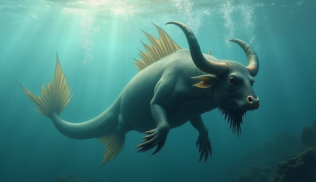 There is a fish underwater，It has a bull's head and a snake's tail.，No limbs, wings on the back（best quality，4K，8k，High level，masterpiece：1.2），Ultra Detailed，（lifelike，Photo real，Photo real：1.37）