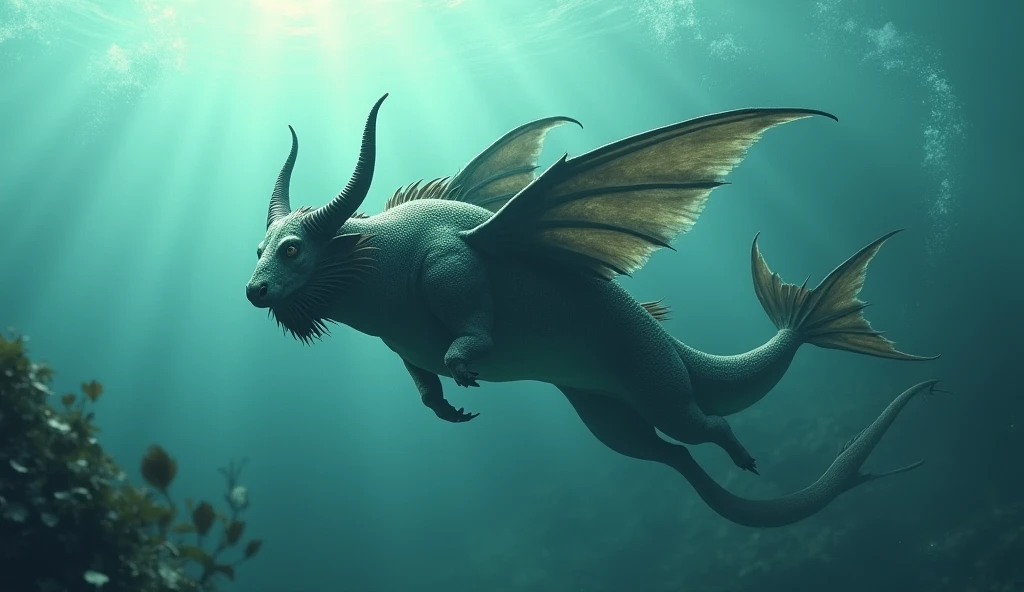 There is a fish underwater,It has a bull's head and a snake's tail.,No limbs, wings on the back(best quality,4K,8k,High level,masterpiece:1.2),Ultra Detailed,(lifelike,Photo real,Photo real:1.37)