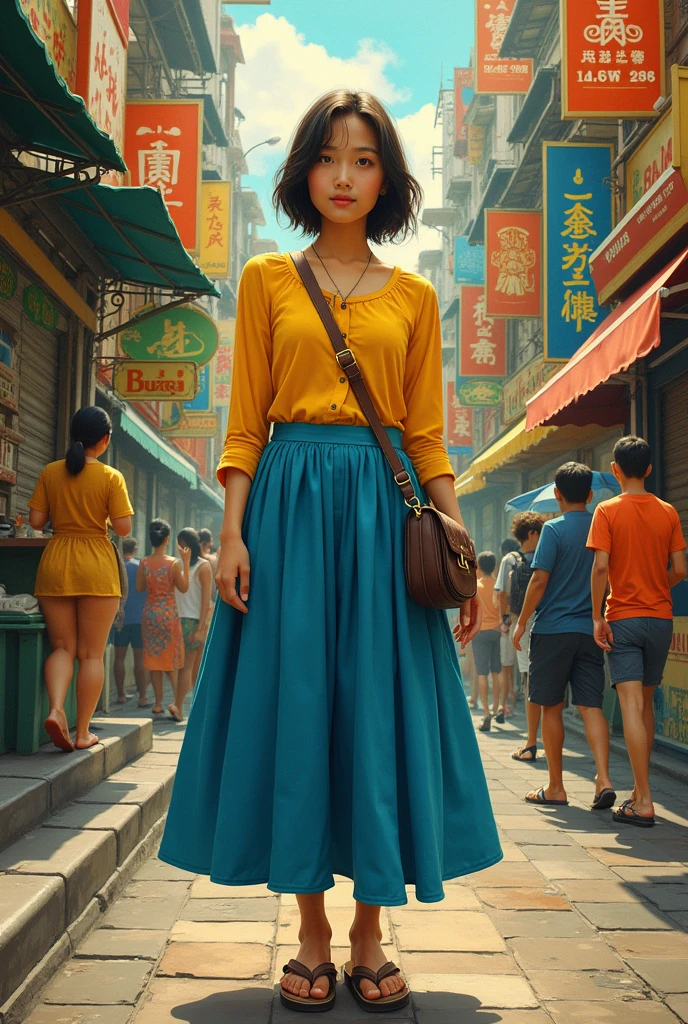photography of a 1 Indonesian girl, beautiful, short straight and thick hair, stocky body, beautiful curves, tight yellow long-sleeved t-shirt, long and wide blue skirt, flip-flops, wearing a sling bag, full body photo, busy city by Alphonse Mucha