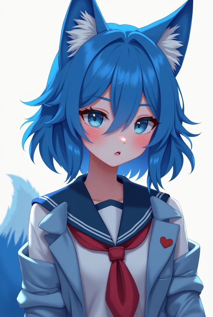 1 girl, blue fur, wolf girl, medium breasts, School uniform, portrait, simple background, (furry:1.5)