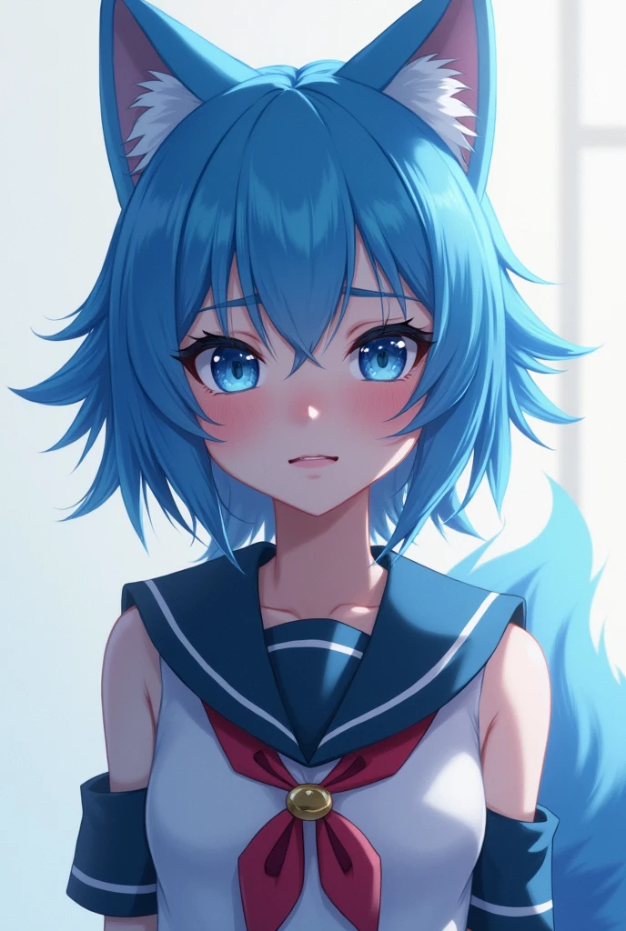 1 girl, blue fur, wolf girl, medium breasts, School uniform, portrait, simple background, (furry:1.5)