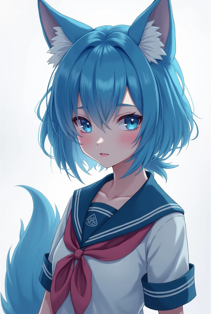 1 girl, blue fur, wolf girl, medium breasts, School uniform, portrait, simple background, (furry:1.5)
