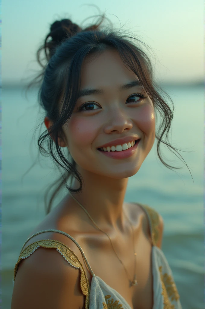 a 30 year old Indonesian woman, standing smiling, a unique confused atmosphere, the background is a mirage-like situation