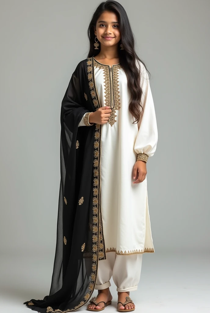 give me an image of Gen z teenager girl who is wearing traditional Punjabi clothing with a slight taste of Gen z like have a catchphrase written on it or cartoon on it but clothing is traditional . Colour of cloth to be white and black