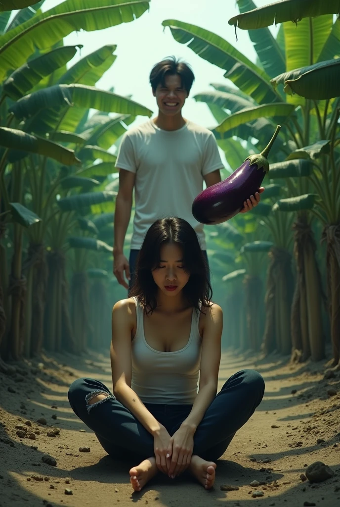 A beautiful Korean woman wearing a white tank top, she sits in fear, her two hands unbutton her torn pants, there is a handsome man, wearing a white T-shirt, wearing shorts, the man is holding a large strage eggplant, laughing, the man is standing in front of the man. Banana garden background