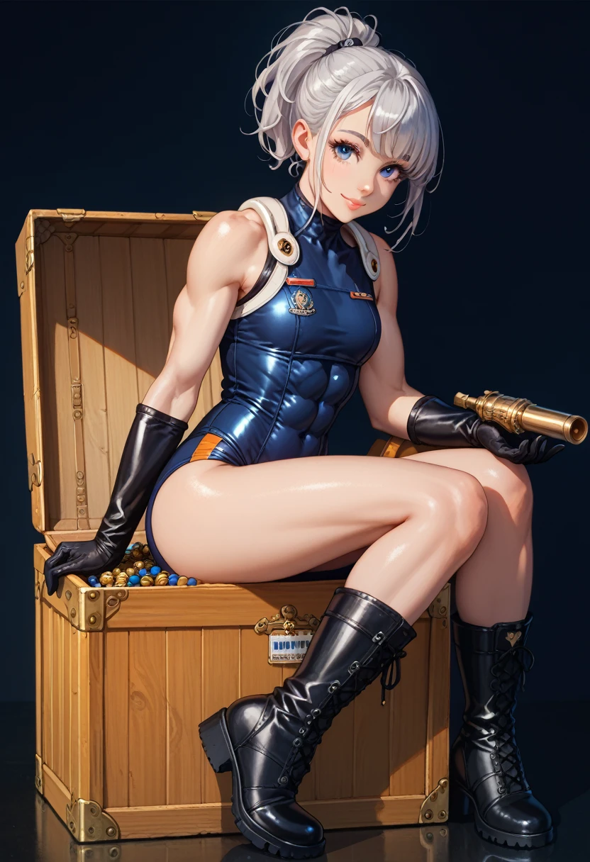 a young girl,blue eyes, beautiful detailed lips, extremely detailed face, long eyelashes, girl in black spacesuits with gold accents, ,sitting on a ammo crate , pin up pose, detailed muscular body, ponytail hairstyle, full body, beautiful detailed lips, light smile on face, full length photo, full-body shot , she has black space boots. body focus, Beautiful body, Beautiful character design , full body view, adult, full clothes, Beautiful Face, light smile, abs, empty background,(looking at viewer),nsfw, full body view, black boots, black shortie, silver hair with pink accents