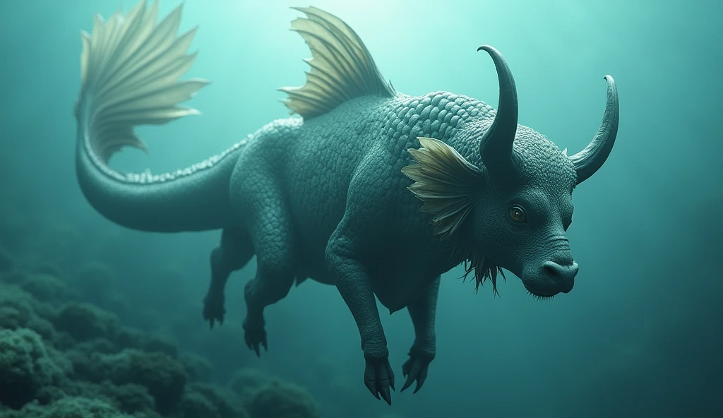 There is a fish underwater,It has a bull's head and a snake's tail.,No limbs, wings on the back(best quality,4K,8k,High level,masterpiece:1.2),Ultra Detailed,(lifelike,Photo real,Photo real:1.37)
