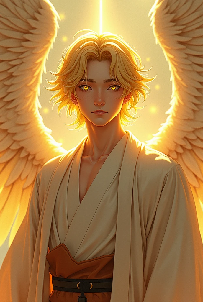 A 20-year-old young man, Caucasian, muscular, with golden eyes shining, Yellow hair, dressed in traditional Japanese yukata and angel wings on his back. With a light golden aura