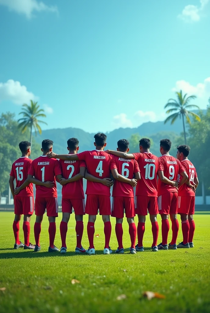 Create a photo of a soccer team with players having these names on the back and visible facing backwards. The names are Amish, Aayush, boom, Jiban, Dipak dipesh, Jyoti ,abishek ,Nikesh, Prashant ,Prabhu ,sashanka ,keshab ,matrika ,Milan ,suyog .