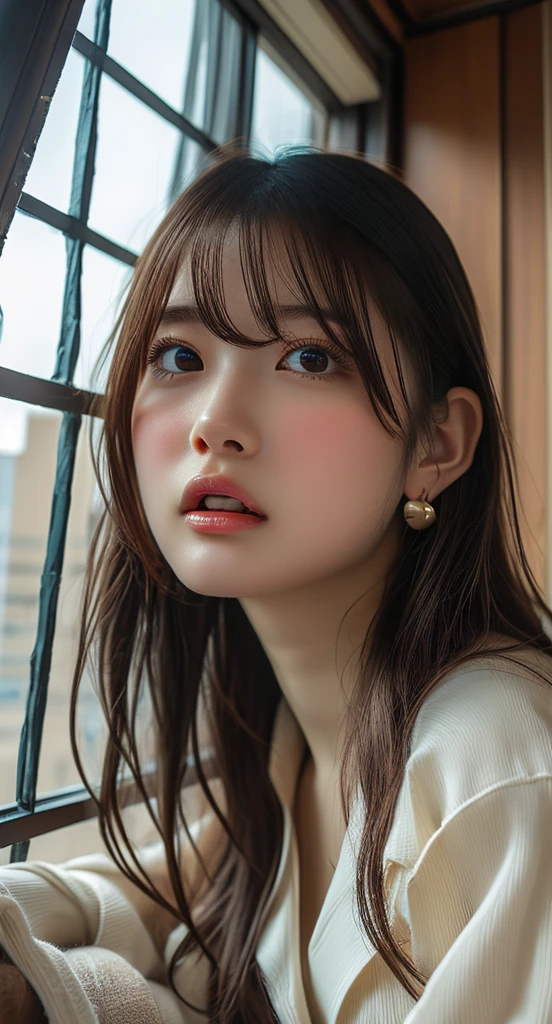 masterpiece, Bokeh, (Beautiful Face), (Detailed face), (Perfect hands), (Japanese Idols:1.6), (suit:1.3), (Ultra-realistic pantyhose:1.3), (Sit at the top of the tower:1.3),( Balcony of a high rise apartment:1.3), (Blushed:1.3), High heels, (From below:1.5), Beautiful mature woman, (Obscene and extremely large breasts bigger than a face:1.95, Chest gap), (Big eyes that exude beautiful eroticism:0.8, Adult charm:0.8, Fascinating:0.8), necklace, Earrings, bracelet, Highly detailed and accurate hands and fingers, ((She has a very cute baby face and a pure and sexy expression.))、
