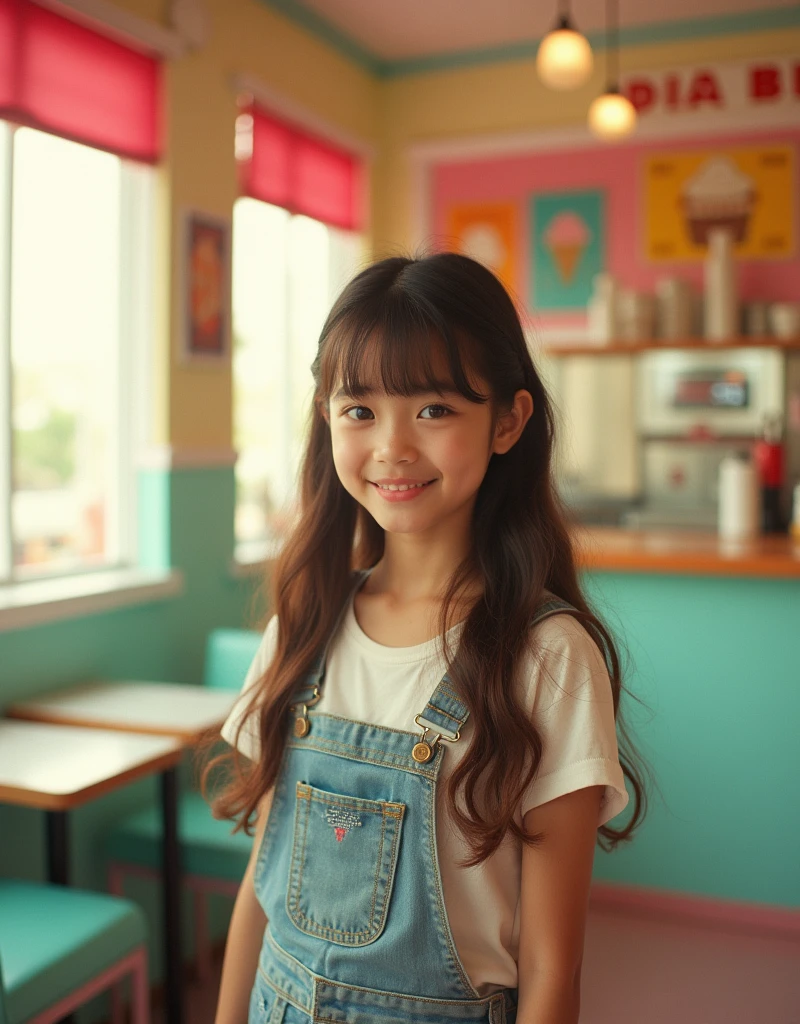Portrait of a Thai girl looking at the camera, long hair, overalls, retro ice cream shop with pastel colored walls, classic soda shop counter and vintage ice cream posters, bathed in warm sunlight, analog film photograph, Kodachrome camera.