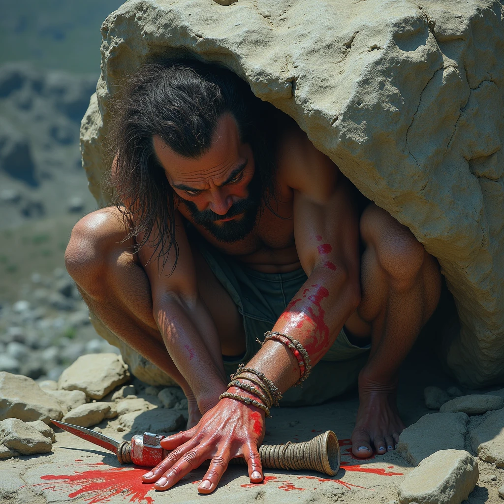 a person who has his hand trapped by a rock, tries to cut off his trapped hand.