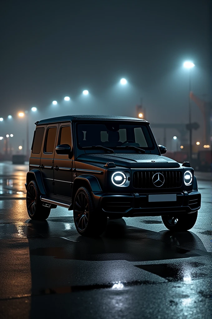 Black MERCEDEZ G CLASS IN THE PORT IN NIGHT WITH BLACK WINDOWS AND BLACK LIGHTDROPS